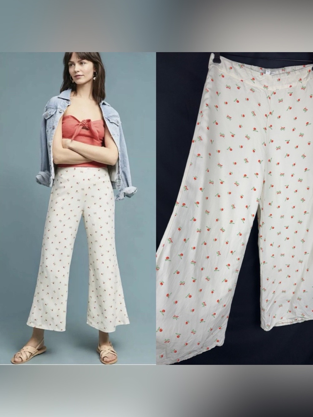 Anthropologie Feather Bone Sz 6 Cherry Print Linen Blend Wide Leg Pants Cream